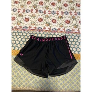 Under Armour Women's Medium Black Athletic Running Shorts Pink Logo Waistband